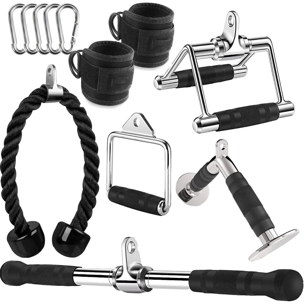 imageCable Machine Attachment LAT Pulldown Attachments Home Gym Accessories Triceps Pull Down AttachmentV Handle  Row Handle  Rotating Bar  Tricep Rope  Ankle Straps  D Handle