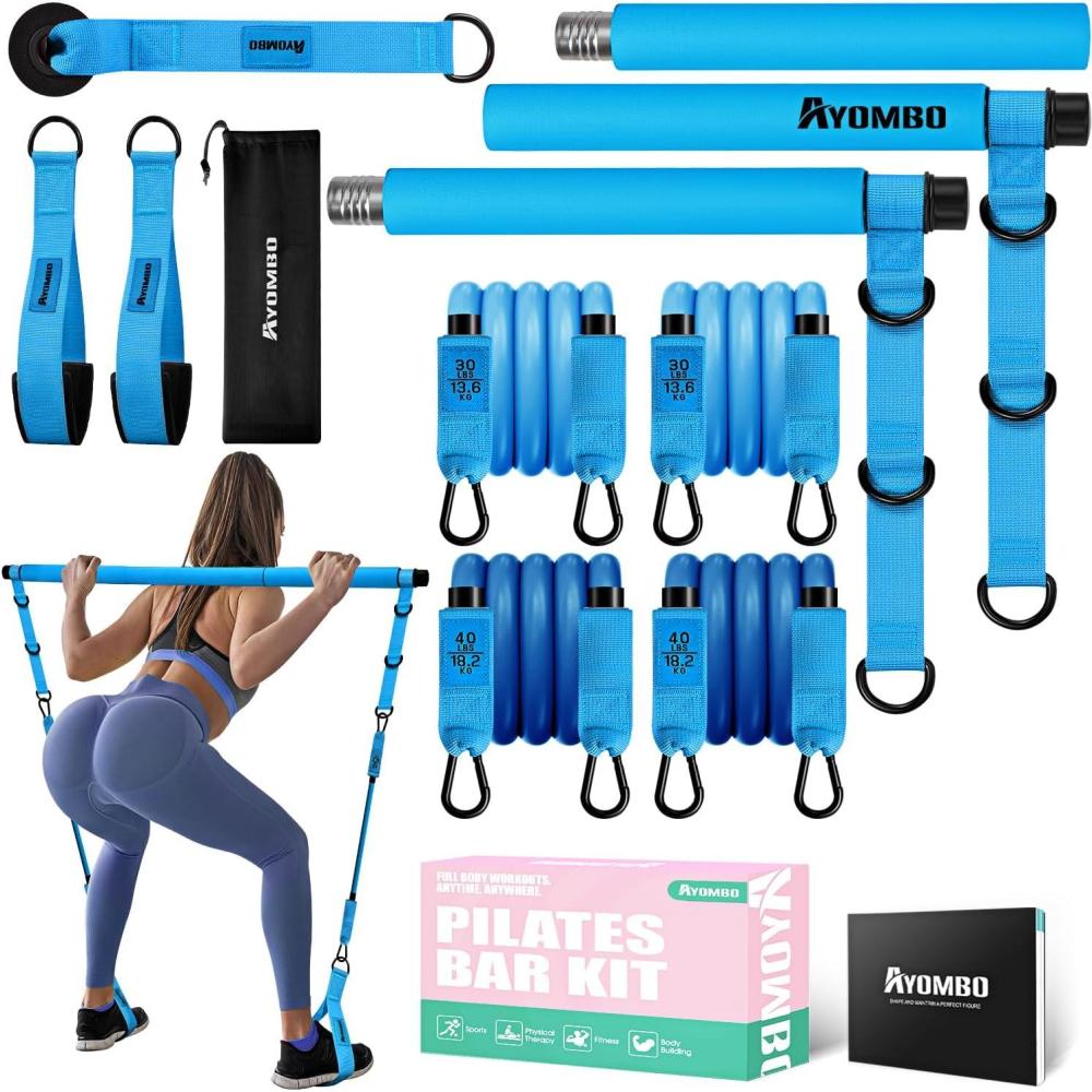 imagePilates Bar Kit with Resistance Bands Pilates Workout Equipment for Legs Hip Waist Arm Squats Exercise Equipment for Home Workouts Adjustable 3Section Pilates Bar Kit for Women ampamp MenBlue