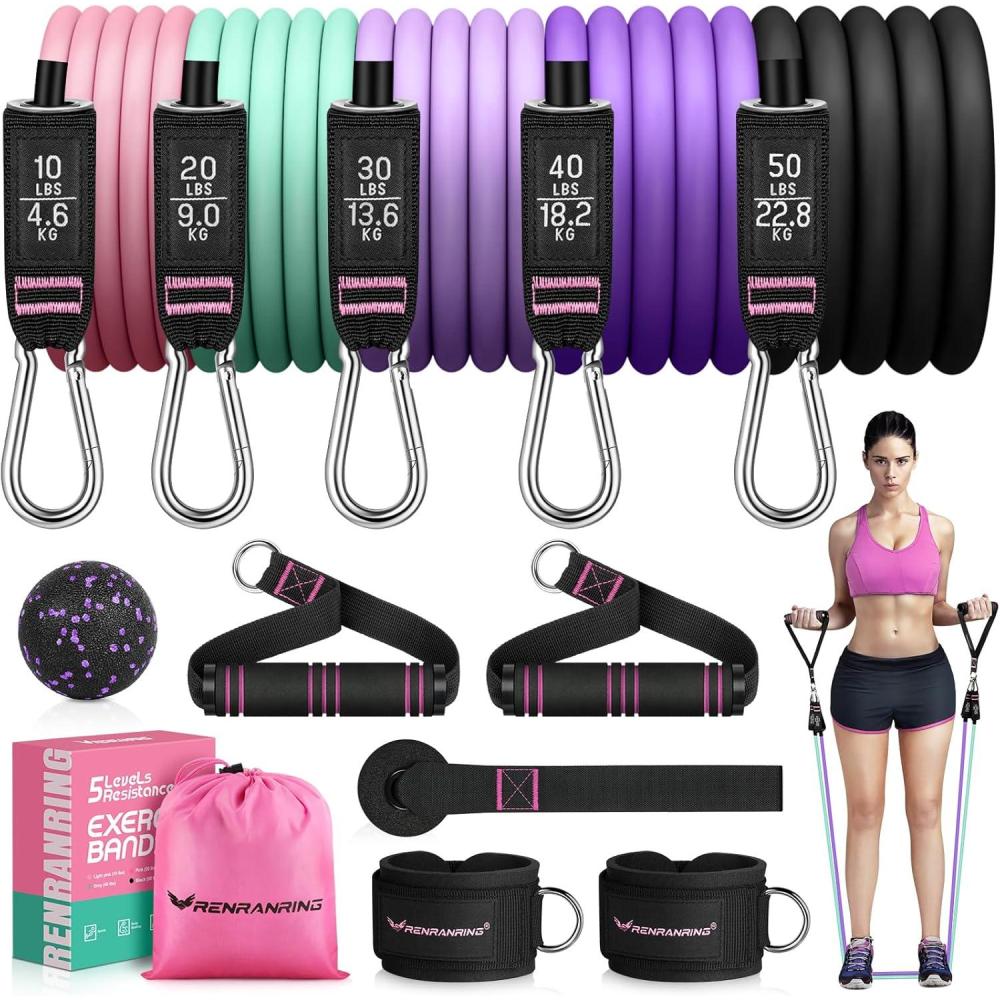 imageRENRANRING Resistance Bands for Working Out 150LBS Exercise Bands Workout Bands Resistance Bands Set with Handles for Men Women Legs Ankle Straps for Muscle TrainingPink  Green  Lightpurple  Purple  Black
