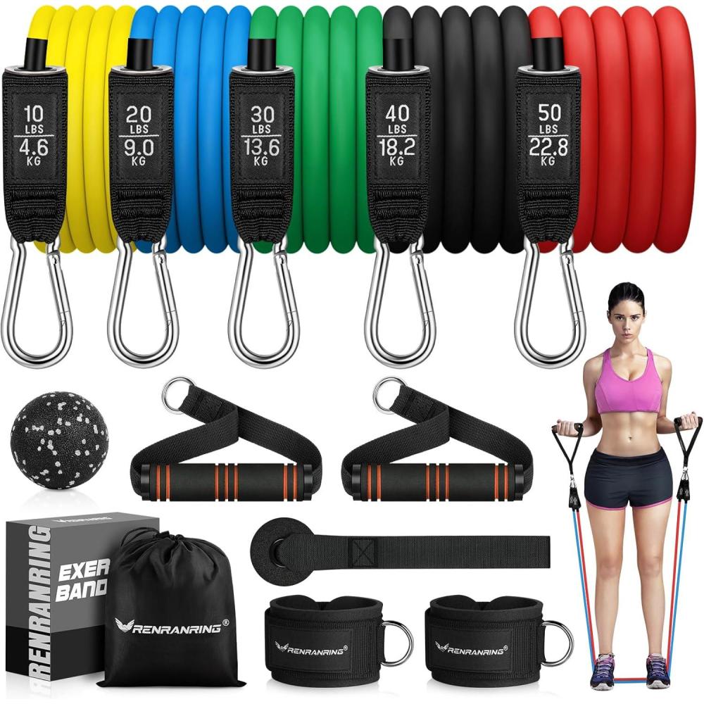 imageRENRANRING Resistance Bands for Working Out 150LBS Exercise Bands Workout Bands Resistance Bands Set with Handles for Men Women Legs Ankle Straps for Muscle TrainingLight pink  Pink  Green  Grey  Black