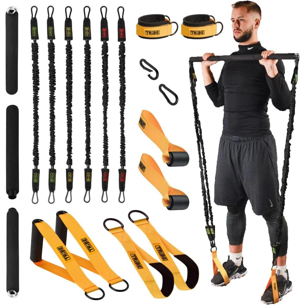 imageTube Resistance Bands for Working Out Men and Women Exercise Bands Resistance Bands Set Resistance Band Bar Handles Ankle Straps Foot Straps and Door AnchorNylon Tube Set and Bar Yellow and Black