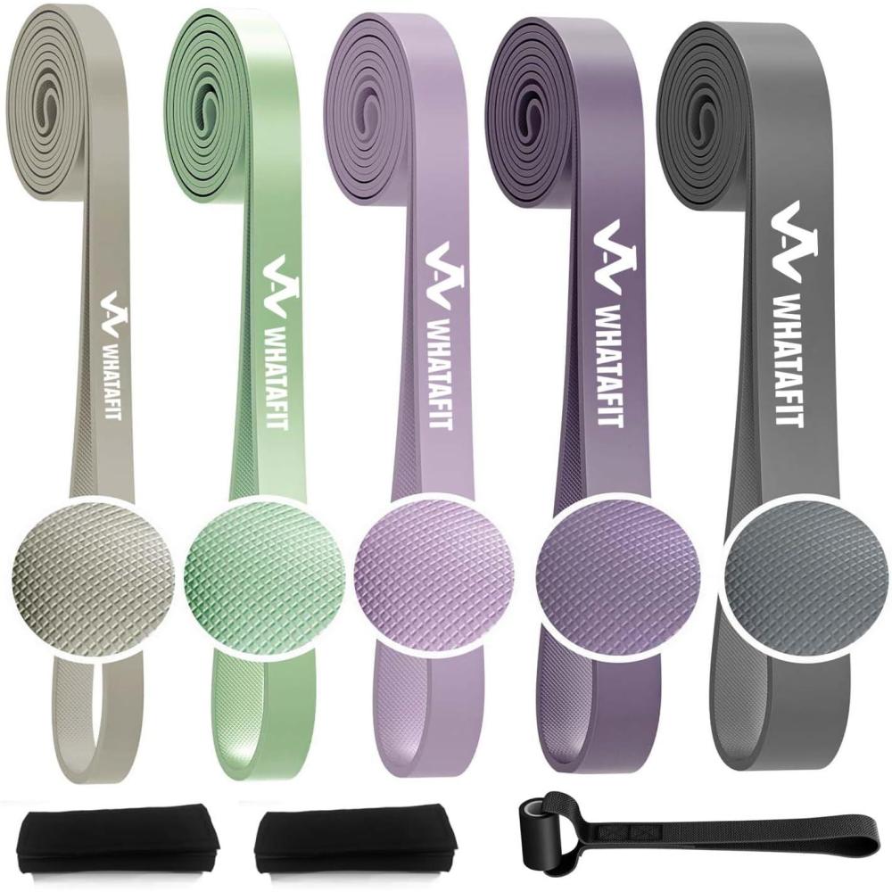 imageWHATAFIT Resistance BandsPull Up Assist Bands Set with Handles Exercise ampamp Workout Bands with Door Anchor for Men ampamp Women Home Fitness Equipment for Strength Training Stretching5125LBS GRAY PURPLEGRIP