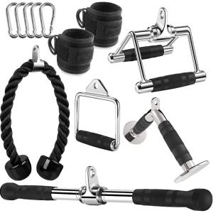 Cable Machine Attachment, LAT Pulldown Attachments, Home Gym Accessories, Triceps Pull Down Attachment(V Handle + Row Handle + Rotating Bar + Tricep Rope + Ankle Straps + D Handle)