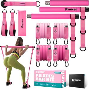 Pilates Bar Kit with Resistance Bands, Pilates Workout Equipment for Legs, Hip, Waist, Arm, Squats Exercise Equipment for Home Workouts, Adjustable 3-Section Pilates Bar Kit for Women & Men(1-Pink)