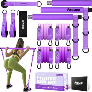 Pilates Bar Kit with Resistance Bands, Pilates Workout Equipment for Legs, Hip, Waist, Arm, Squats Exercise Equipment for Home Workouts, Adjustable 3-Section Pilates Bar Kit for Women & Men(Purple)