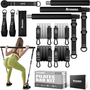 Pilates Bar Kit with Resistance Bands, Pilates Workout Equipment for Legs, Hip, Waist, Arm, Squats Exercise Equipment for Home Workouts, Adjustable 3-Section Pilates Bar Kit for Women & Men(Black)