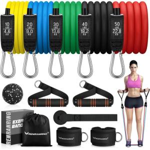 RENRANRING Resistance Bands for Working Out, 150LBS Exercise Bands, Workout Bands, Resistance Bands Set with Handles for Men Women, Legs Ankle Straps for Muscle Training(Light pink  Pink  Green  Grey  Black)