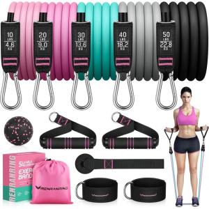 RENRANRING Resistance Bands for Working Out, 150LBS Exercise Bands, Workout Bands, Resistance Bands Set with Handles for Men Women, Legs Ankle Straps for Muscle Training(Black  Gray  Blue  Medium pink  Pink)