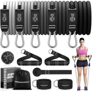RENRANRING Resistance Bands for Working Out, 150LBS Exercise Bands, Workout Bands, Resistance Bands Set with Handles for Men Women, Legs Ankle Straps for Muscle Training(Grey Set)