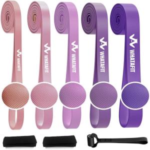 WHATAFIT Resistance Bands,Pull Up Assist Bands Set with Handles, Exercise & Workout Bands with Door Anchor for Men & Women – Home Fitness Equipment for Strength Training, Stretching(5-125LBS PINK PURPLE+GRIP)