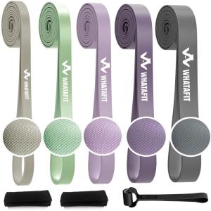 WHATAFIT Resistance Bands,Pull Up Assist Bands Set with Handles, Exercise & Workout Bands with Door Anchor for Men & Women – Home Fitness Equipment for Strength Training, Stretching(5-125LBS GRAY PURPLE+GRIP)