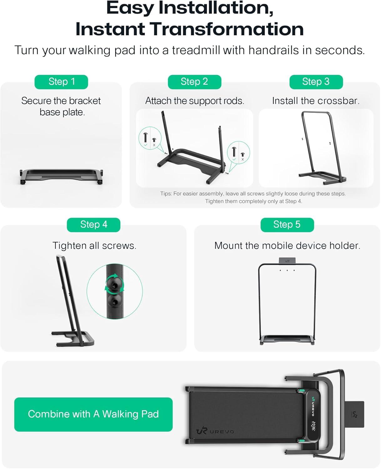 imageUREVO Walking Pad Handle Bar Only Universal Compatible for Walking Pads 236 Wide Transform WalkingPad Into a Treadmill in Seconds Easy Moving with Wheels Quick Assembly Sturdy Design BlackCarbon Black
