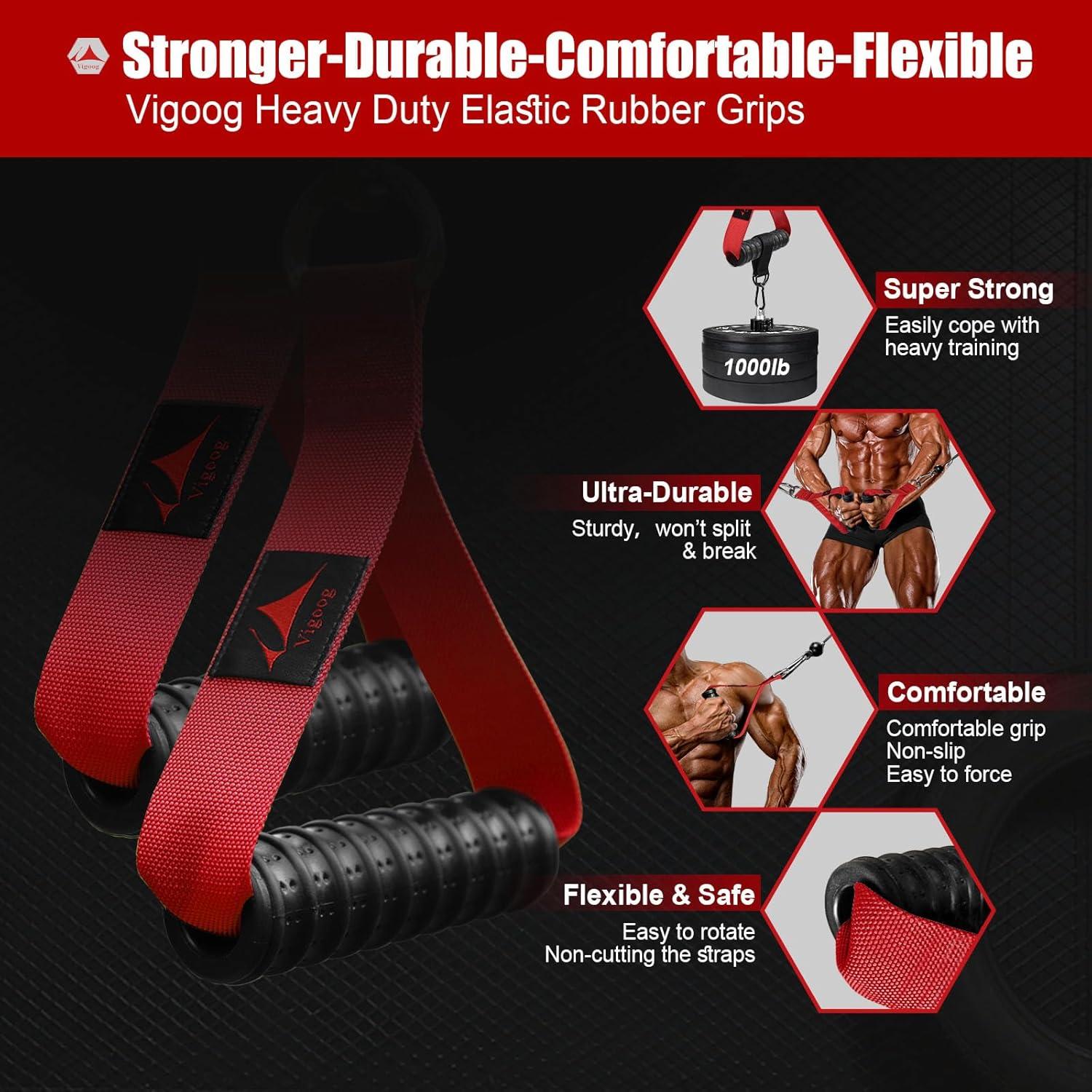 imageVigoog Heavy Duty Gym Exercise Handles Attachment for Cable MachineResistance BandPulley System Home Fitness Workout Equipment with Elastic Rubber Grip and 2 Large CarabinersGlory Red