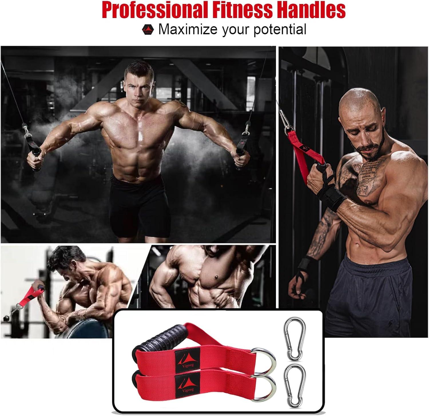 imageVigoog Heavy Duty Gym Exercise Handles Attachment for Cable MachineResistance BandPulley System Home Fitness Workout Equipment with Elastic Rubber Grip and 2 Large CarabinersGlory Red