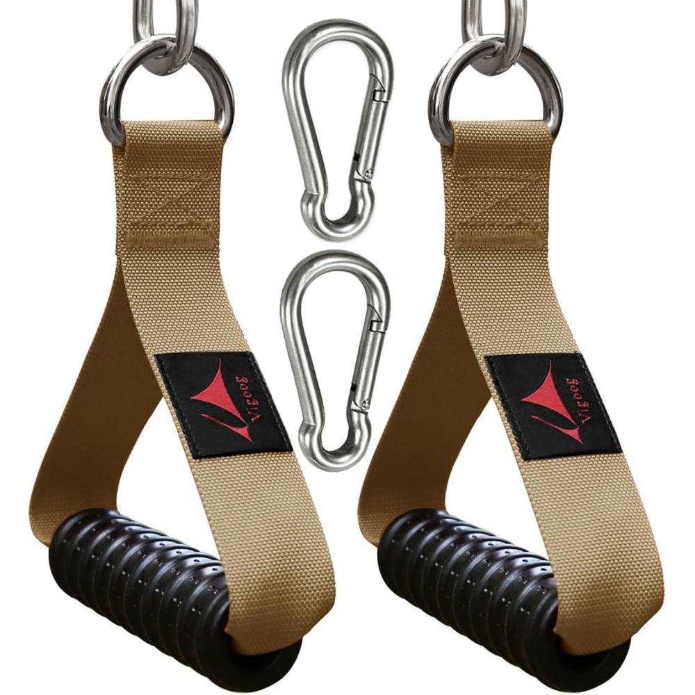 imageVigoog Heavy Duty Gym Exercise Handles Attachment for Cable MachineResistance BandPulley System Home Fitness Workout Equipment with Elastic Rubber Grip and 2 Large CarabinersNoble Khaki
