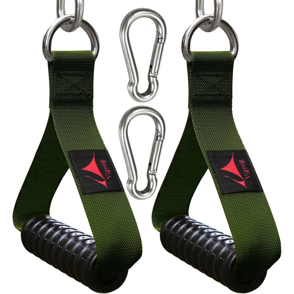 imageVigoog Heavy Duty Gym Exercise Handles Attachment for Cable MachineResistance BandPulley System Home Fitness Workout Equipment with Elastic Rubber Grip and 2 Large CarabinersMilitary Green