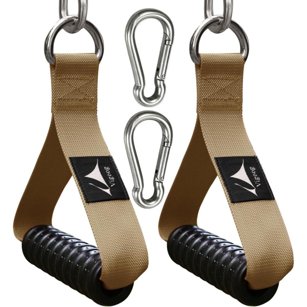 imageVigoog Heavy Duty Gym Exercise Handles Attachment for Cable MachineResistance BandPulley System Home Fitness Workout Equipment with Elastic Rubber Grip and 2 Large CarabinersNoble Khaki xw