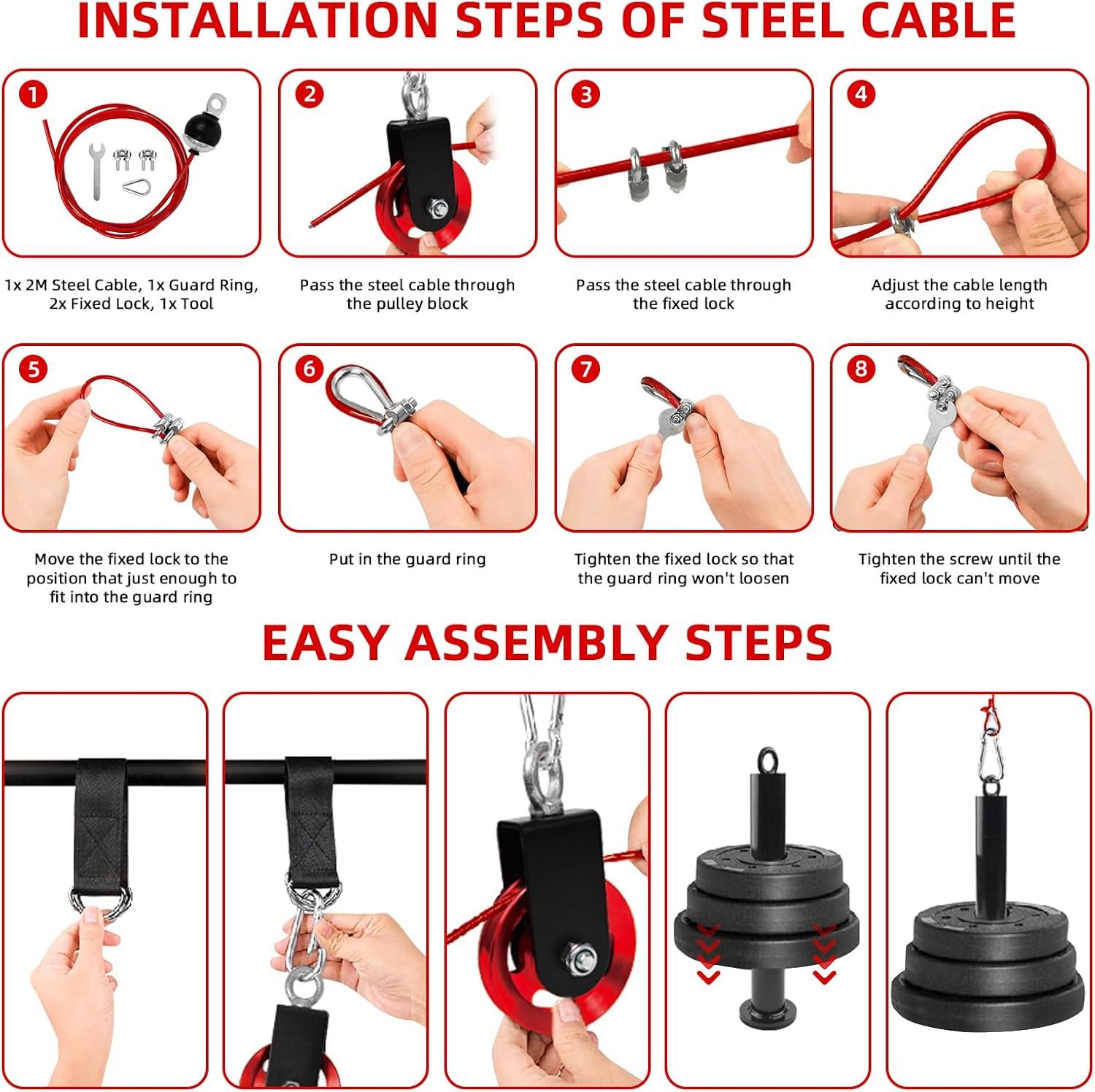 imageLFJ LAT Pull Down and Lift Weight Pulley System Cable Machine Pulley Attachment for Triceps Pull Down Biceps Curl Back Forearm Shoulder Home Gym EquipmentRed set with aluminum alloy pulley