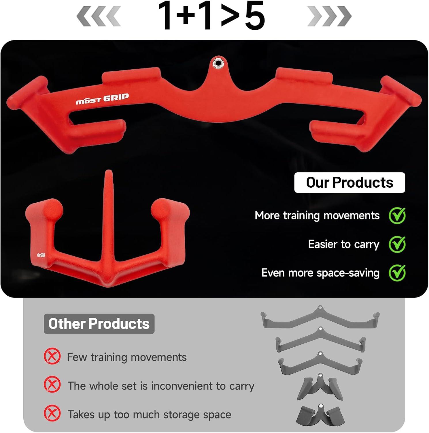 imageMOST GRIP LAT Pull Down Bars Set Triangular Stability LAT Pulldown Attachments with 8 Ergonomic Handles for Whole Back Training NonSlip Cable Machine Attachment for Gym Home WorkoutRuby Red