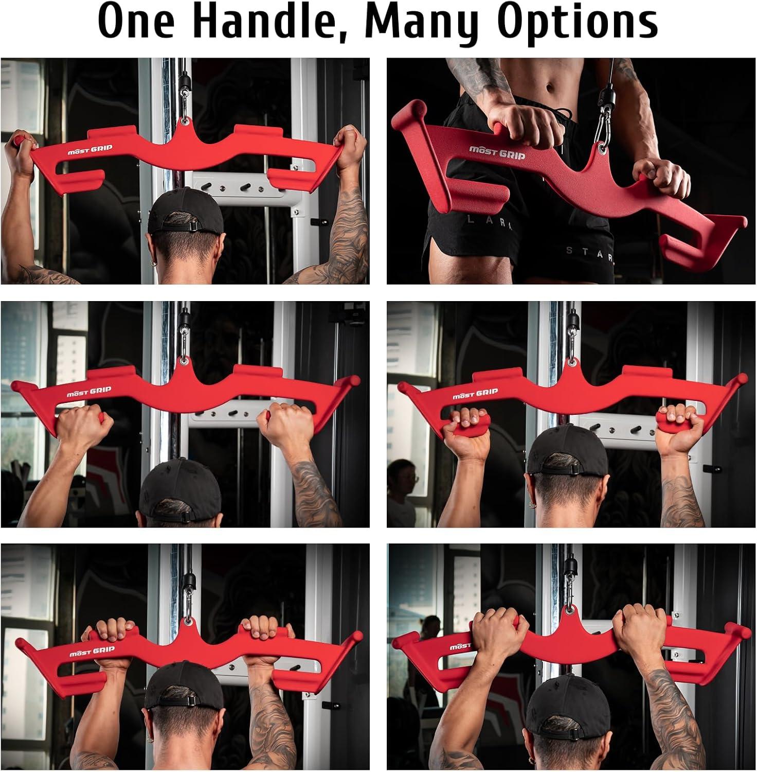 imageMOST GRIP LAT Pull Down Bars Set Triangular Stability LAT Pulldown Attachments with 8 Ergonomic Handles for Whole Back Training NonSlip Cable Machine Attachment for Gym Home WorkoutRuby Red