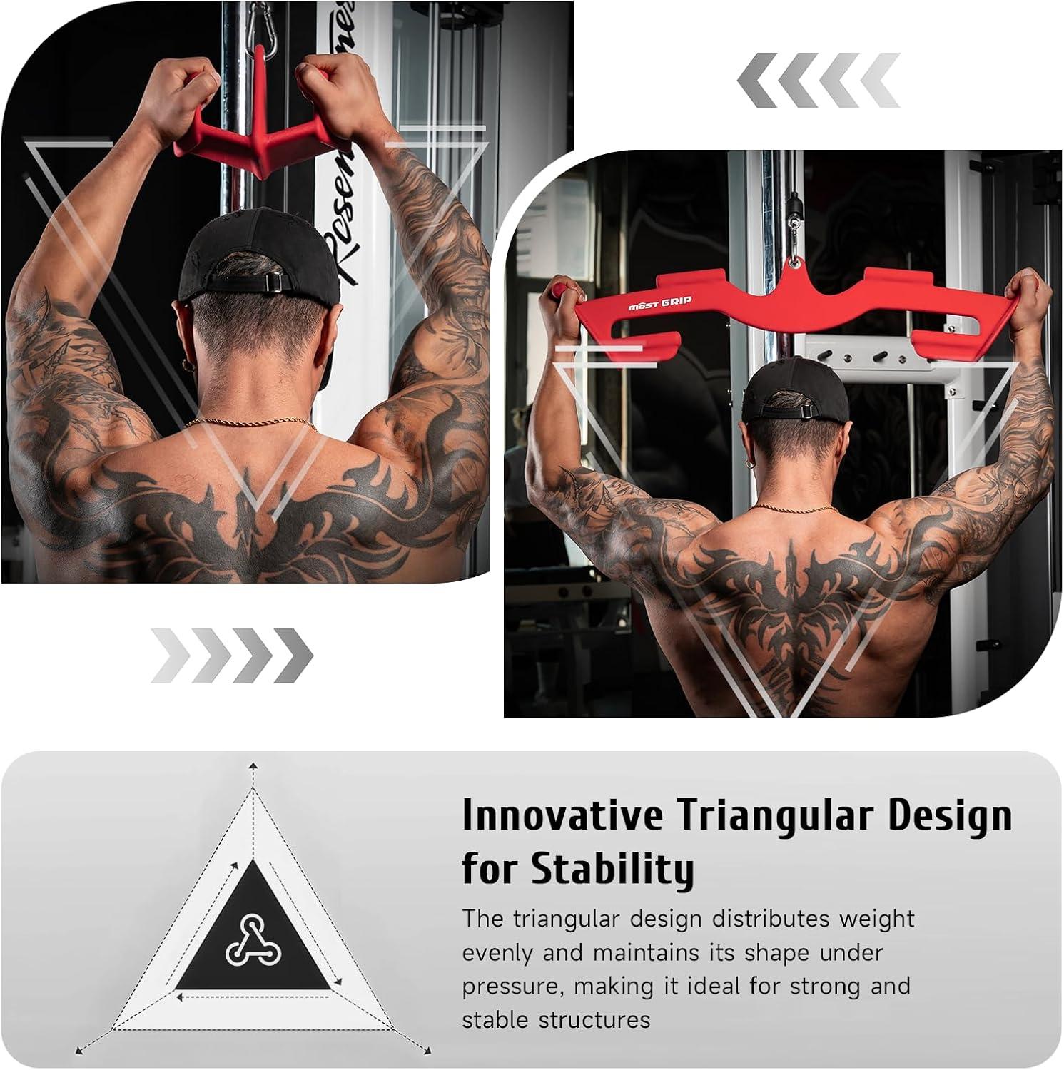 imageMOST GRIP LAT Pull Down Bars Set Triangular Stability LAT Pulldown Attachments with 8 Ergonomic Handles for Whole Back Training NonSlip Cable Machine Attachment for Gym Home WorkoutRuby Red