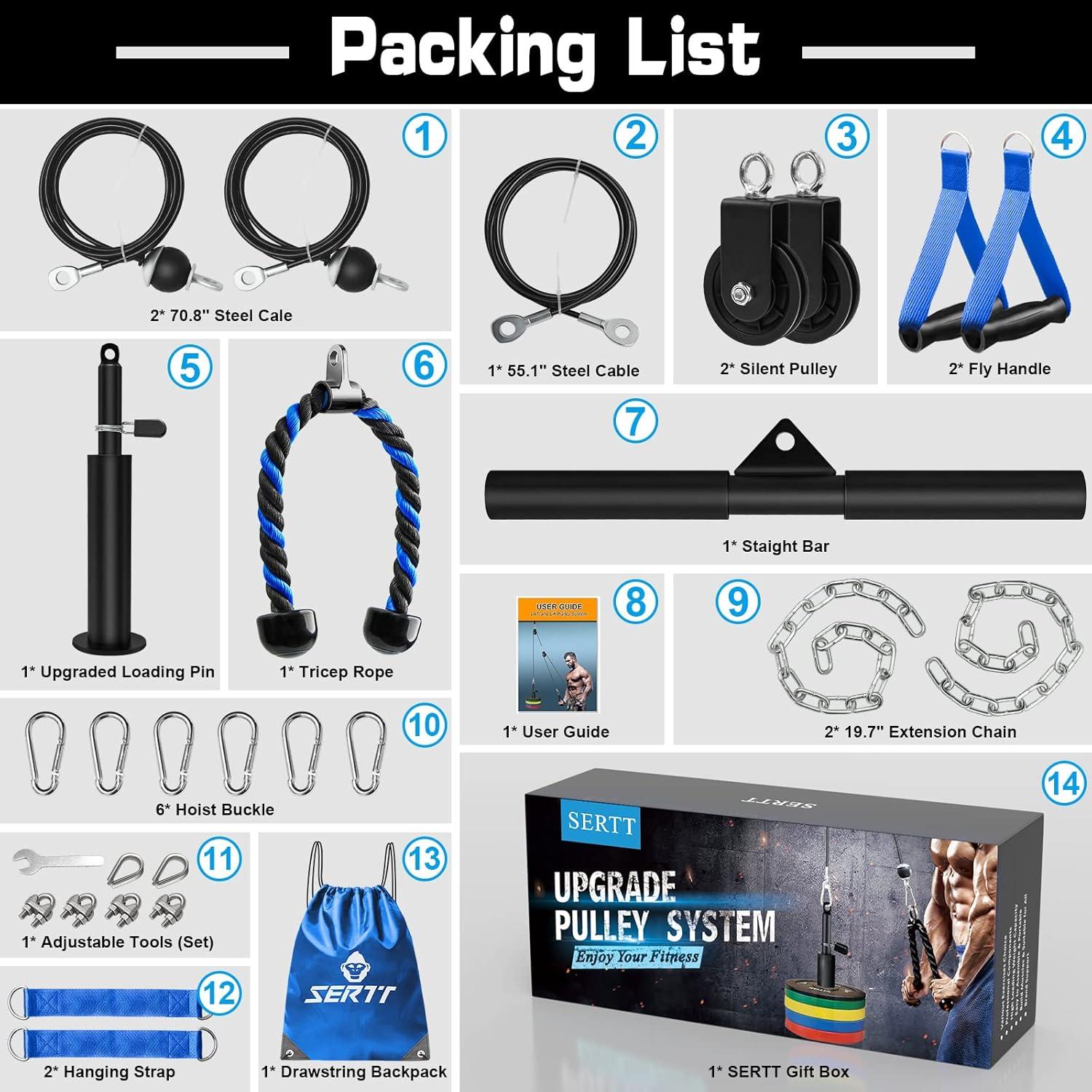 imageSERTT Weight Cable Pulley System Gym Upgraded Cable Pulley Attachments for LAT Pull Down Biceps Curl Tricep Arm Workouts Home Gym Add On EquipmentBlue