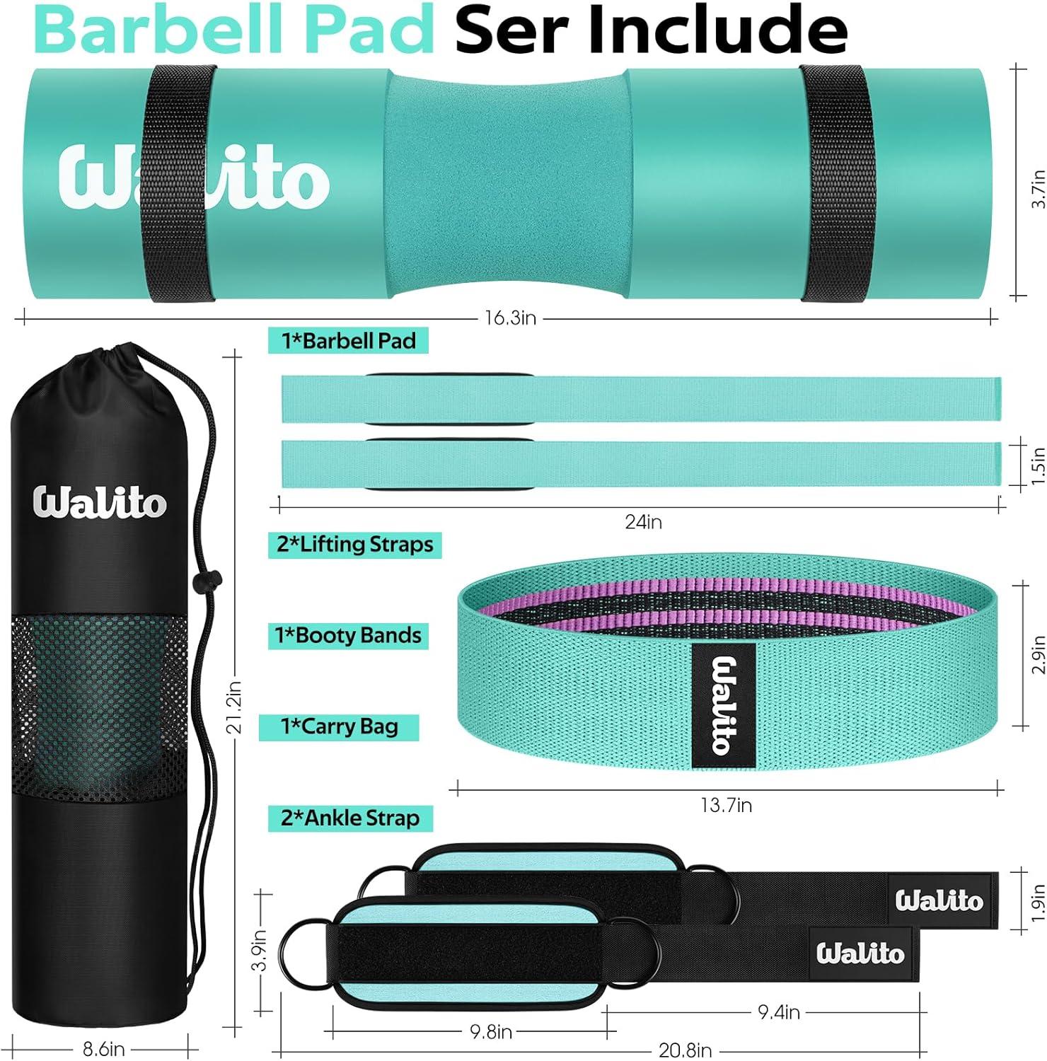 imageWALITO 7Pcs Barbell Pad Set for Hip Thrust Squat PadGym Accessories for Women with Bar BadBench Press with Gym Ankle StrapsResistance Bands for Working OutLifting StrapCarry BagLake Blue
