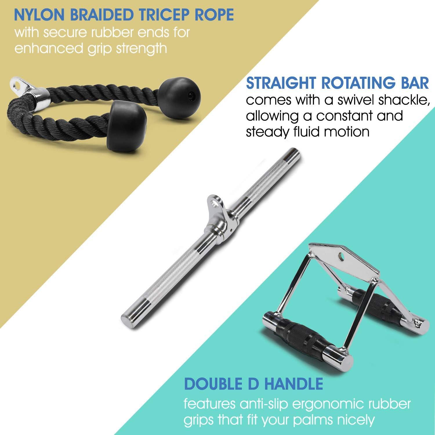 imageYes4All Cable Machine Attachment Row Handles Tricep Rope Straight Bar V Bar LAT Pulldown Accessories Load 880 LB for Home GymH Double D Handle TricepRope Vshaped bar