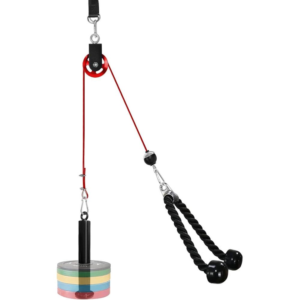 imageLFJ LAT Pull Down and Lift Weight Pulley System Cable Machine Pulley Attachment for Triceps Pull Down Biceps Curl Back Forearm Shoulder Home Gym EquipmentRed set with aluminum alloy pulley
