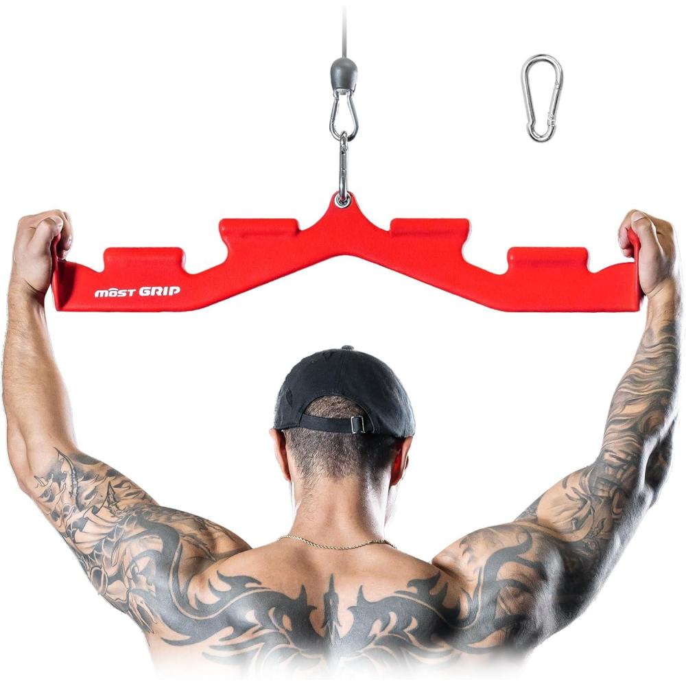 imageMOST GRIP LAT Pull Down Bar with 6 Ergonomic Handles Neutral Grip LAT Pulldown Attachments for Whole Back Training Wide Grip LAT Pulldown Bars for Home Gym CableRed