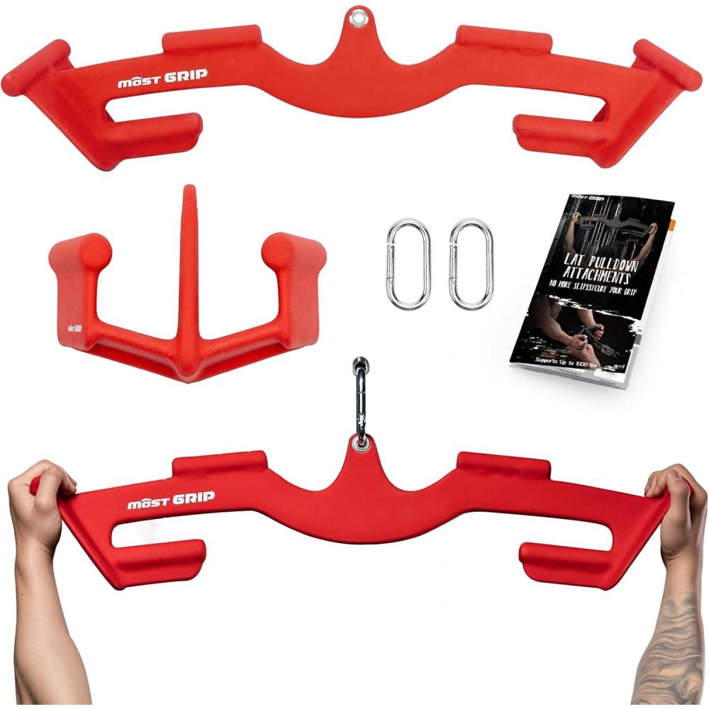 imageMOST GRIP LAT Pull Down Bars Set Triangular Stability LAT Pulldown Attachments with 8 Ergonomic Handles for Whole Back Training NonSlip Cable Machine Attachment for Gym Home WorkoutRuby Red