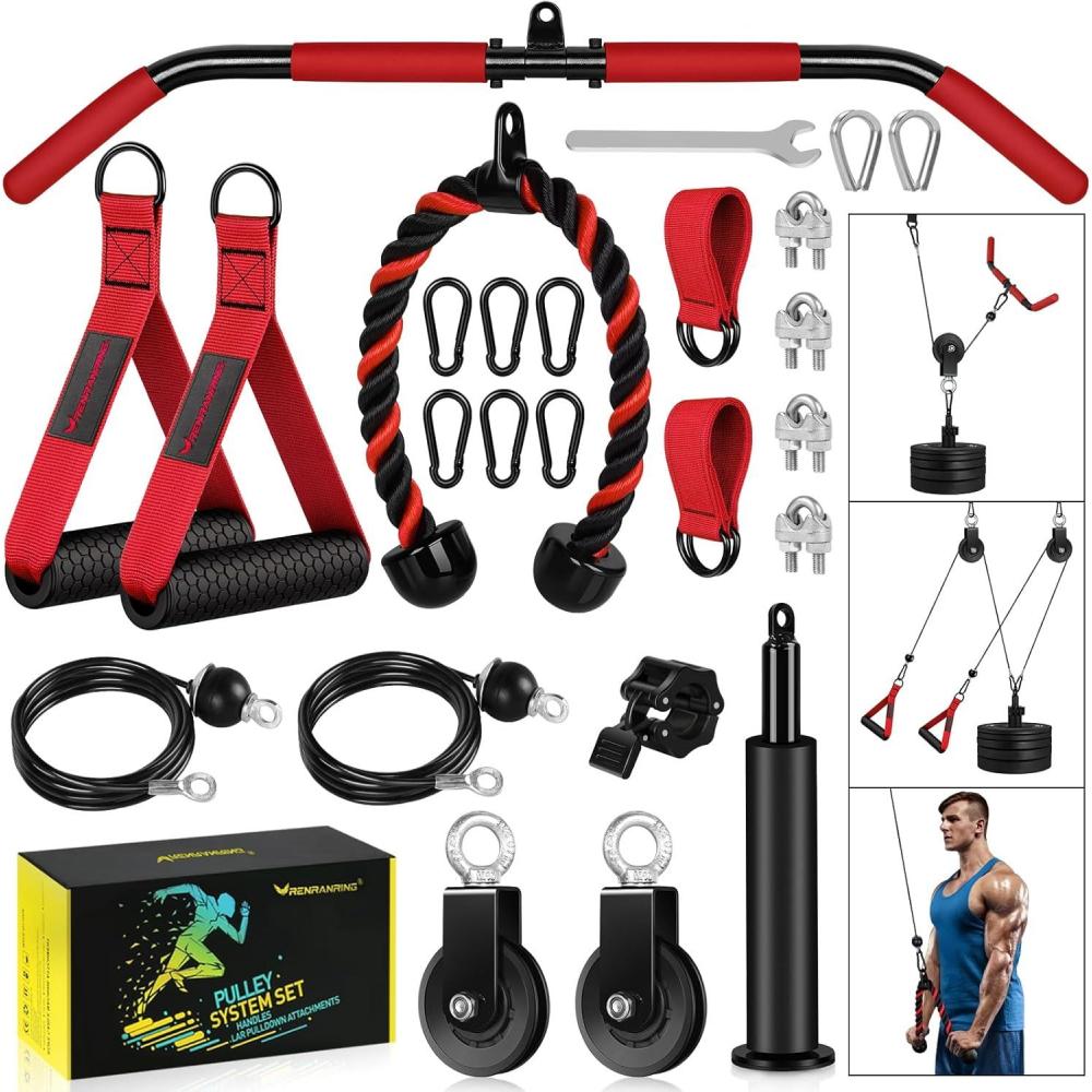 imageRENRANRING Pulley System Weight Cable Pulley System for Home GymCable Machine Attachment with 2 in 1 LAT Pull Down BarTricep RopeLong StrapExercise Handles for Biceps Curl ForearmRed
