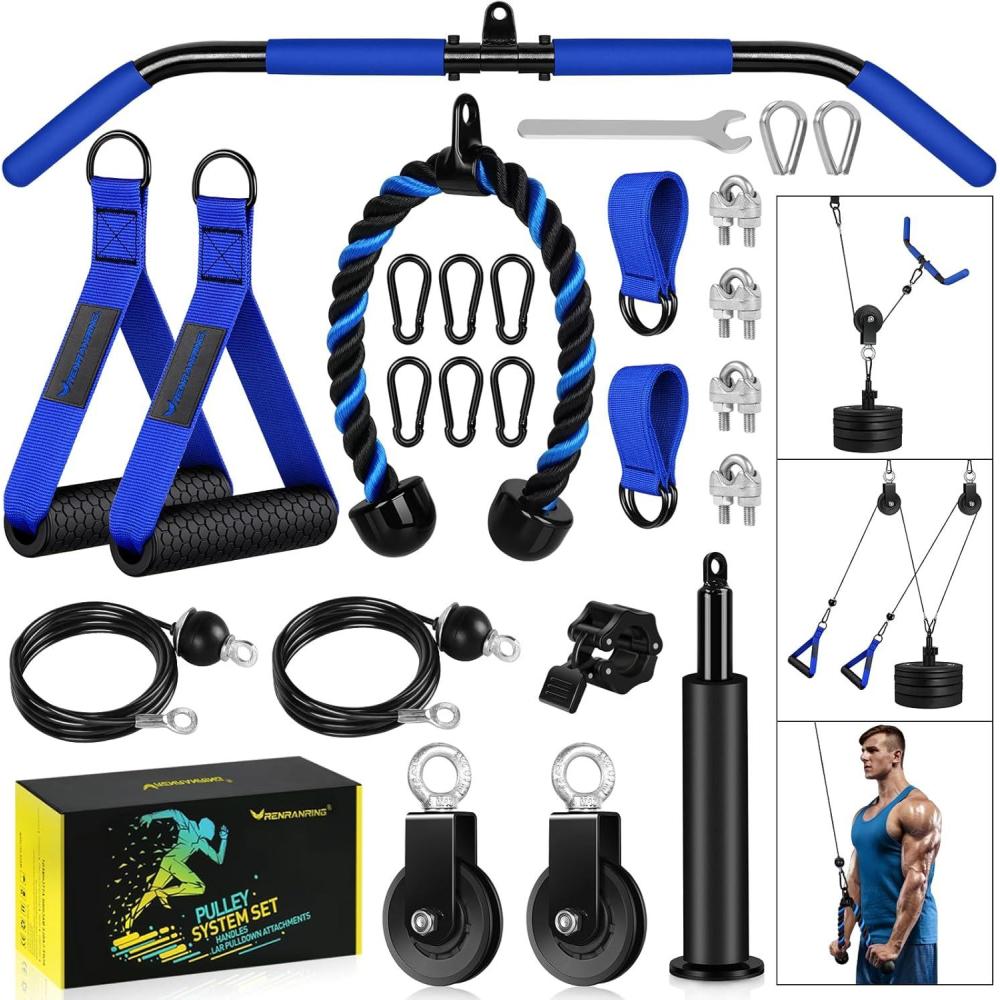 imageRENRANRING Pulley System Weight Cable Pulley System for Home GymCable Machine Attachment with 2 in 1 LAT Pull Down BarTricep RopeLong StrapExercise Handles for Biceps Curl ForearmBlue