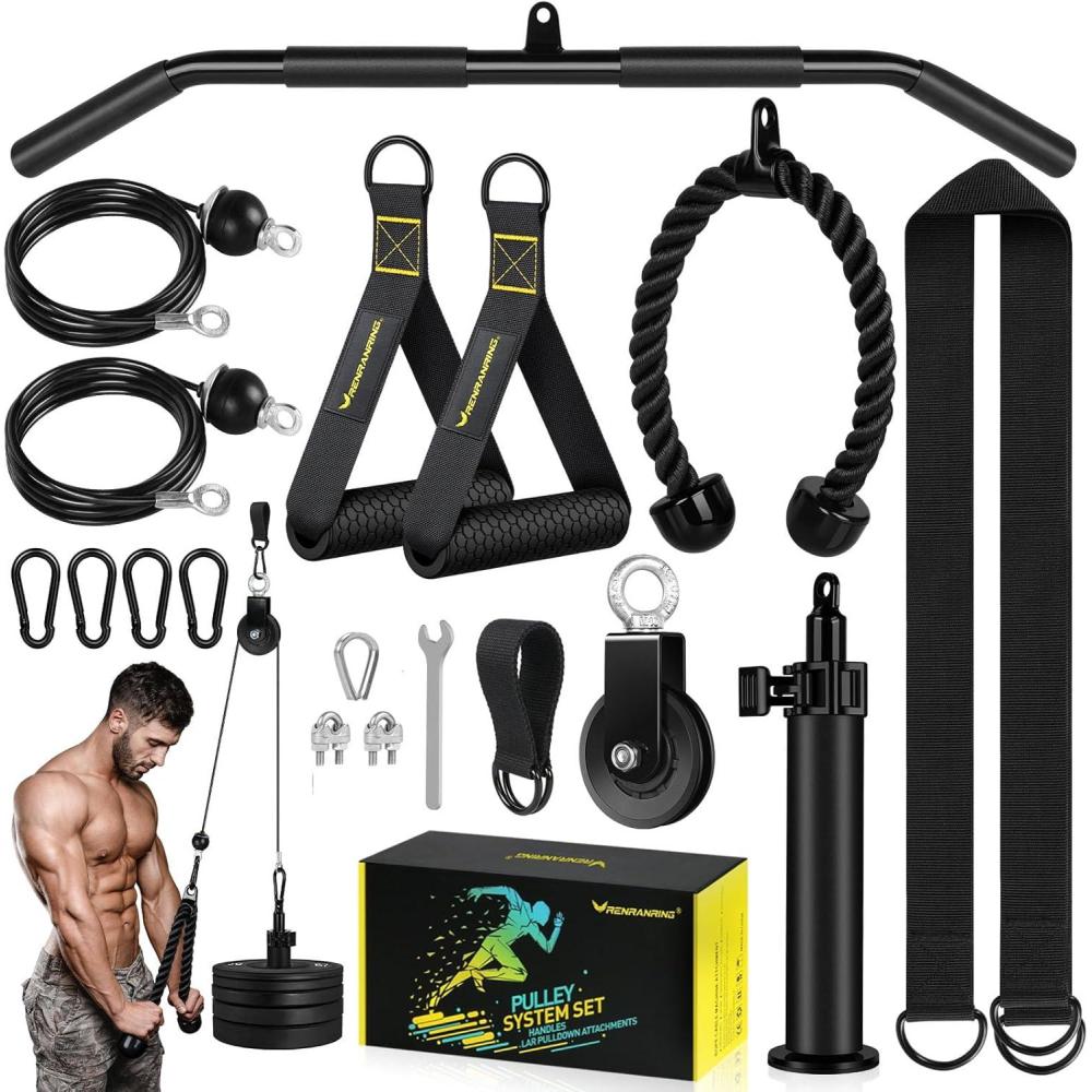 imageRENRANRING Pulley System Weight Cable Pulley System for Home GymCable Machine Attachment with 2 in 1 LAT Pull Down BarTricep RopeLong StrapExercise Handles for Biceps Curl ForearmBlack