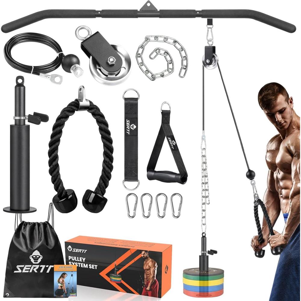 imageSERTT Cable Pulley System Gym Power Rack Pulley Attachment with 2in1 LAT Pull Down Bar and Upgraded Loading PinUsed for Triceps Pulldown Biceps Back Shoulderwith Aluminium Alloy Pulley
