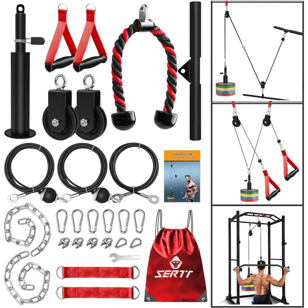 imageSERTT Weight Cable Pulley System Gym Upgraded Cable Pulley Attachments for LAT Pull Down Biceps Curl Tricep Arm Workouts  Home Gym Add On EquipmentRed