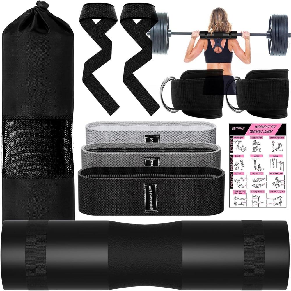 imageSINYWAY Barbell Pad Set for Squat10 PCS Hip Thrusts Workout Foam Weight Lifting Bar Cushion with 2 Gym Ankle Straps3 Hip Resistance Bands2 Lifting StrapBarbell Pad and Carry BagBlack