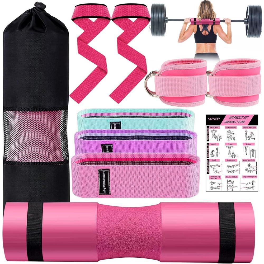 imageSINYWAY Barbell Pad Set for Squat10 PCS Hip Thrusts Workout Foam Weight Lifting Bar Cushion with 2 Gym Ankle Straps3 Hip Resistance Bands2 Lifting StrapBarbell Pad and Carry BagPink
