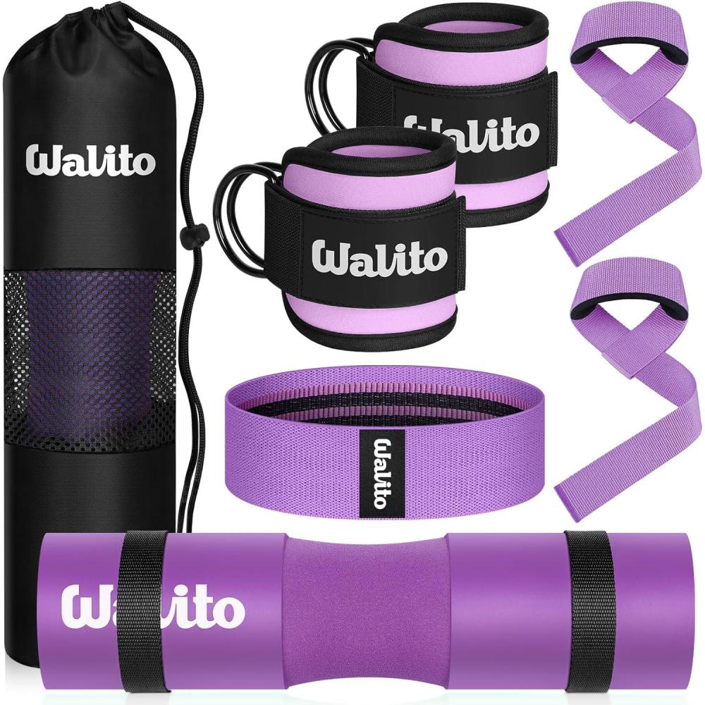 imageWALITO 7Pcs Barbell Pad Set for Hip Thrust  Squat PadGym Accessories for Women with Bar BadBench Press with Gym Ankle StrapsResistance Bands for Working OutLifting StrapCarry BagPurple