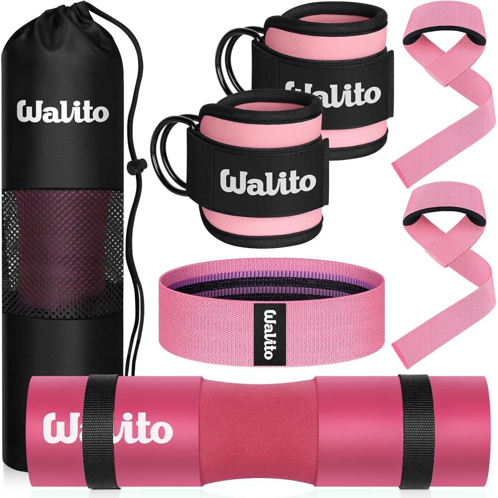 imageWALITO 7Pcs Barbell Pad Set for Hip Thrust  Squat PadGym Accessories for Women with Bar BadBench Press with Gym Ankle StrapsResistance Bands for Working OutLifting StrapCarry Bag1Pink