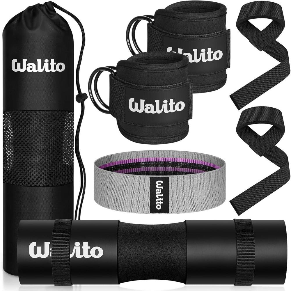 imageWALITO 7Pcs Barbell Pad Set for Hip Thrust  Squat PadGym Accessories for Women with Bar BadBench Press with Gym Ankle StrapsResistance Bands for Working OutLifting StrapCarry BagBlack