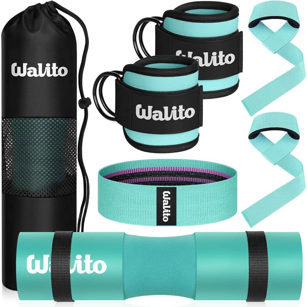 imageWALITO 7Pcs Barbell Pad Set for Hip Thrust  Squat PadGym Accessories for Women with Bar BadBench Press with Gym Ankle StrapsResistance Bands for Working OutLifting StrapCarry BagLake Blue