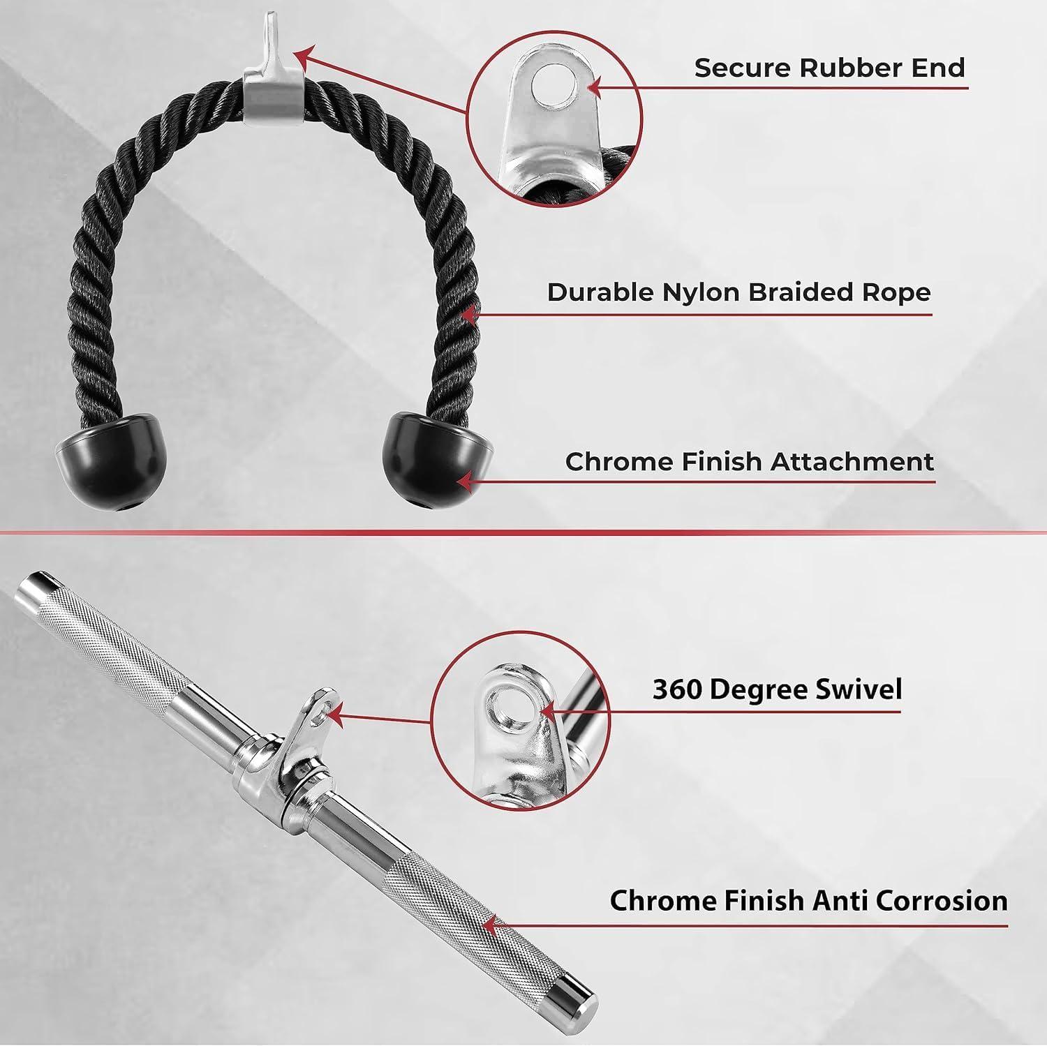 imageYes4All Cable Machine Attachment Row Handles Tricep Rope Straight Bar V Bar LAT Pulldown Accessories Load 880 LB for Home GymL Chrome Tricep Rope Straight Bar