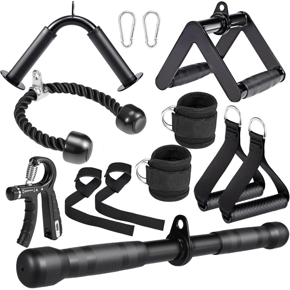 image10in1 Cable Machine Attachments Set for Gym  Includes Tricep Rope VBar Straight Bar DHandle AnkleWrist Straps Storage Bag  Compatible with LAT Pulldown amp Home Gym Cable Machines