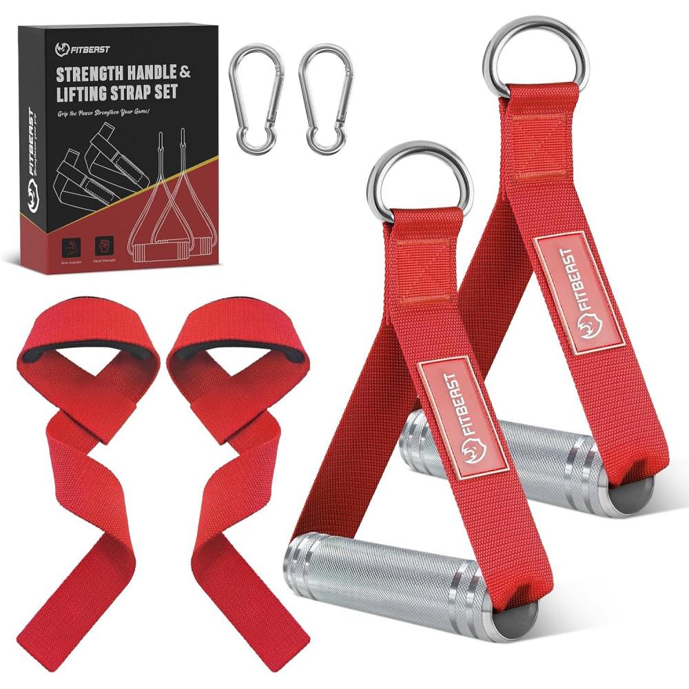 imageFitBeast Aluminum Exercise Handles amp Lifting Straps Set  Replacement Gym Handles for Cables Machine Pulley System Strength Trainer Pull Down Workout Handles Pilates Home Gym Cable AttachmentsRed