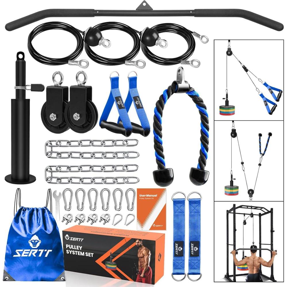 imageSERTT Home Gym Pulley System  Tricep Workout Lat Pulldown Biceps Curl Triceps Shoulders Back Forearm Weight Cable for Squat Rack GarageBlue