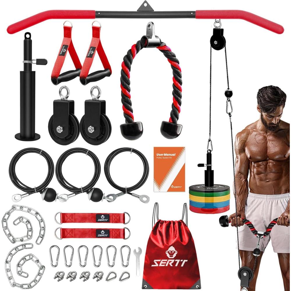 imageSERTT Home Gym Pulley System  Tricep Workout Lat Pulldown Biceps Curl Triceps Shoulders Back Forearm Weight Cable for Squat Rack GarageRed