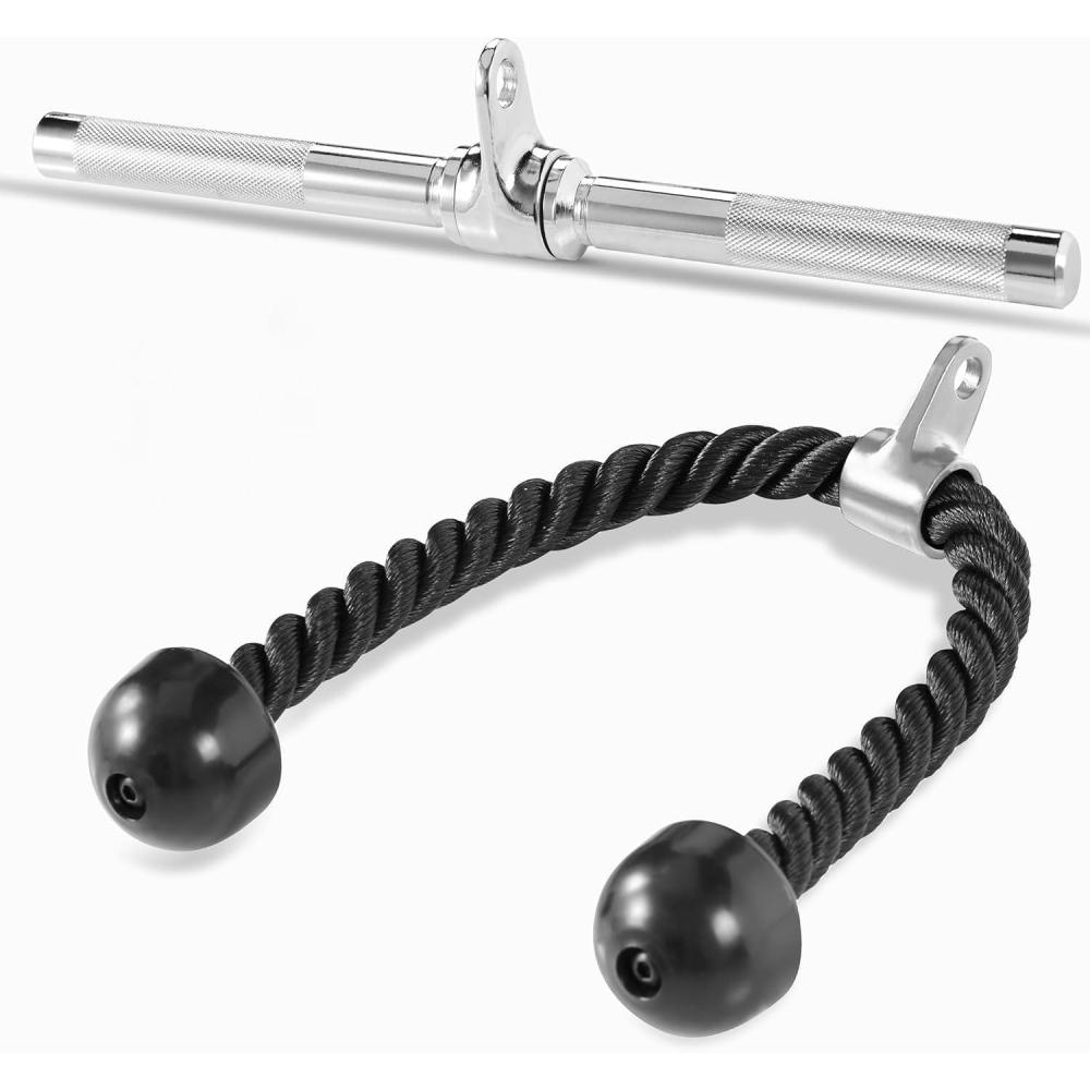 imageYes4All Cable Machine Attachment Row Handles Tricep Rope Straight Bar V Bar LAT Pulldown Accessories Load 880 LB for Home GymL Chrome Tricep Rope Straight Bar