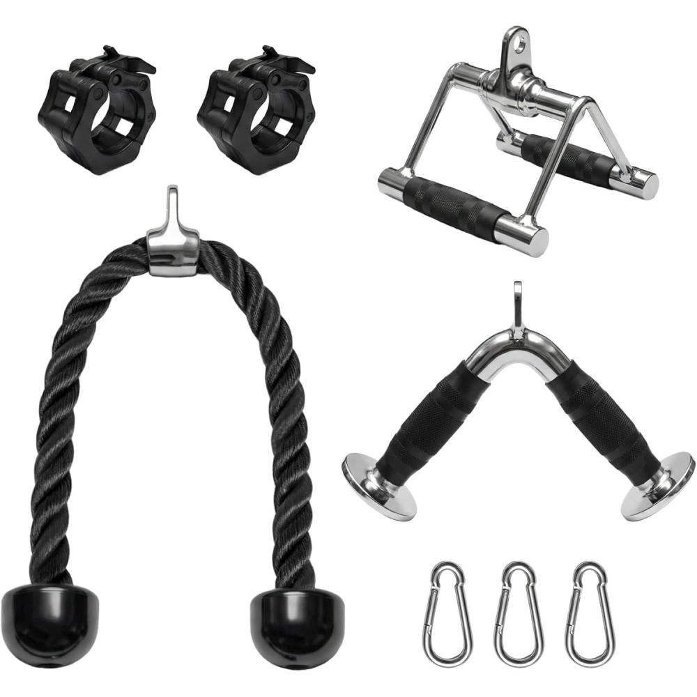 imageMultiGrip Cable Machine Attachments Set  VBar Tricep RopeBarbell CollarDouble D Handle with Snap Hooks  Compatible with LAT Pulldown amp Home Gym Weight Systems