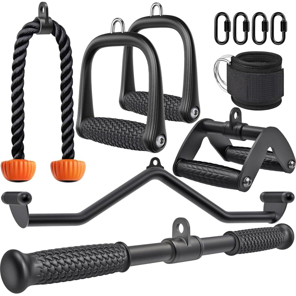 imageSELEWARE Triceps LAT Pulldown Attachments Home Gym Workout Accessories with NonSlip Soft Rubber Grip Cable Machine Attachments Triceps Rope Double D Row Handle Pull Down Bar Straight Bar ExerciseTRD HandleStraightBar32BarAnkleStrapDouble D